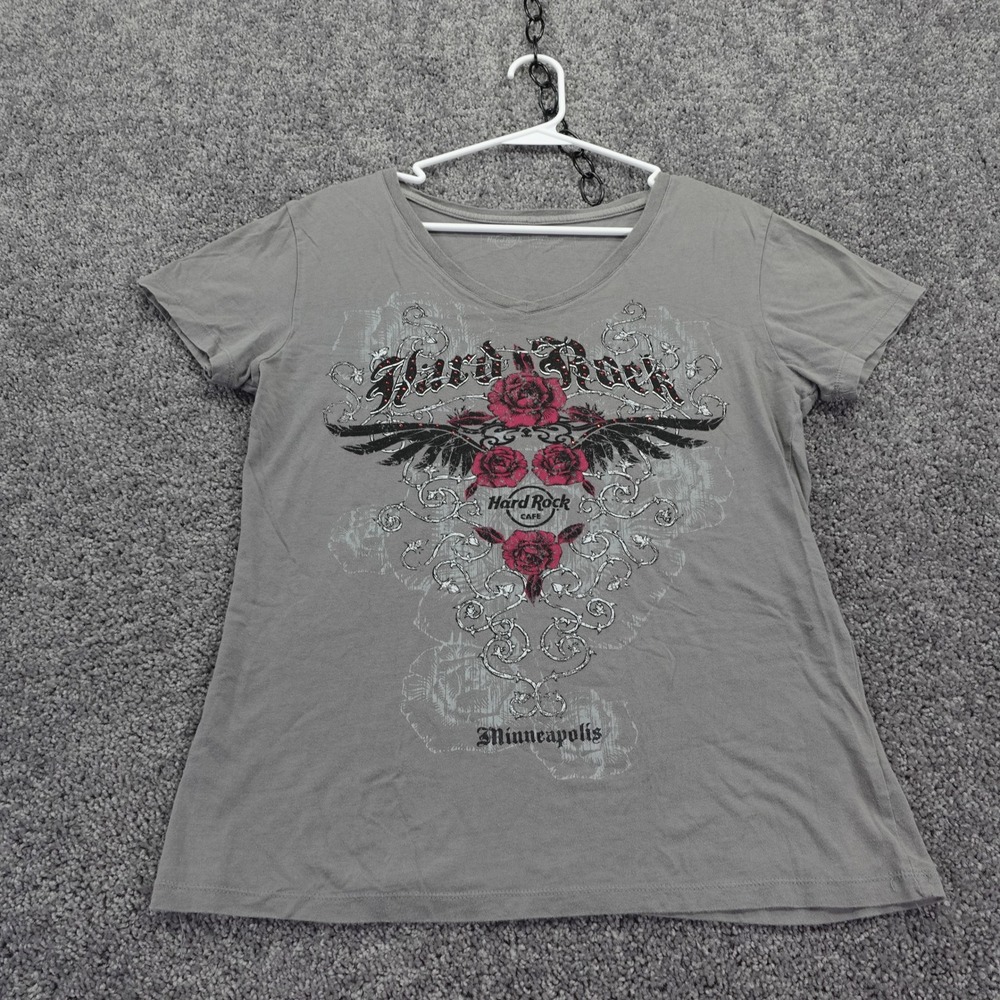 Hard Rock Cafe T Shirt Womens Medium Gray Minneapolis Roses Wings Graphic Tee